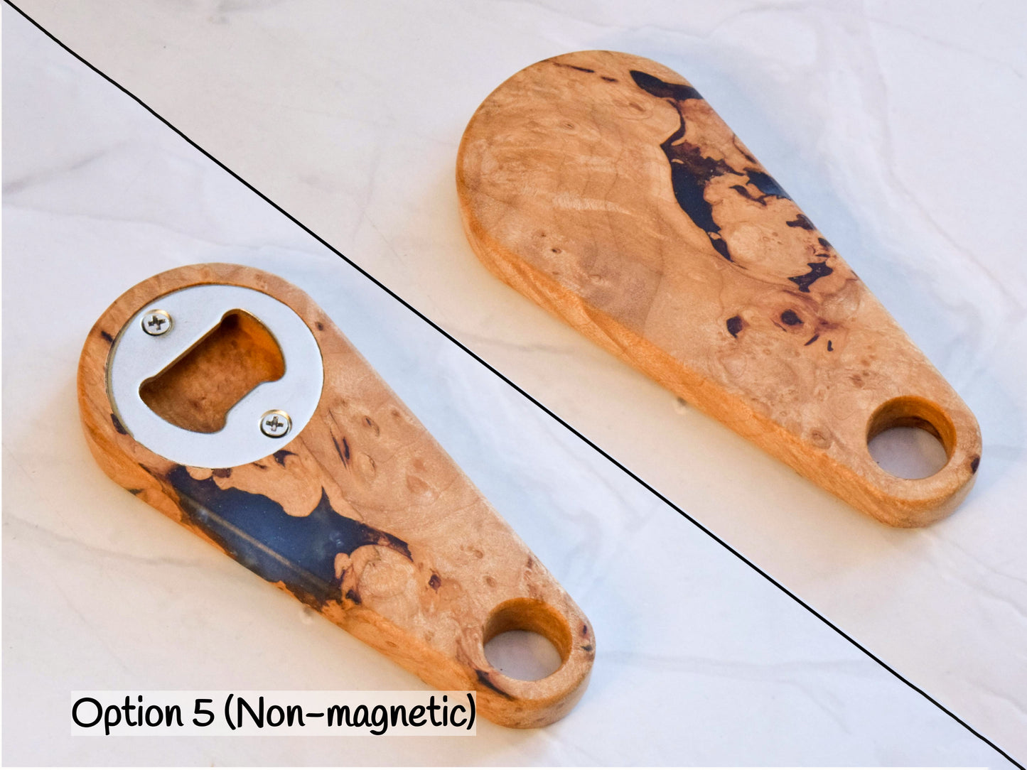 Wooden Bottle Opener - Maple Burl, Blue Epoxy