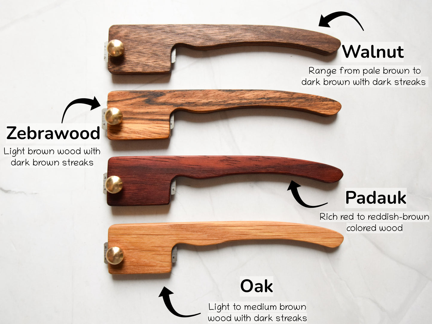 Bread lame wood selection - walnut, zebrawood, padauk, oak