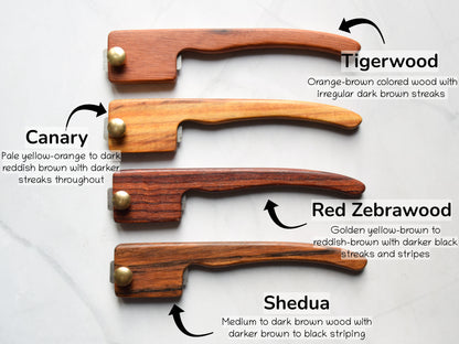 Bread lame wood selection - tigerwood, canary, red zebrawood, Shed