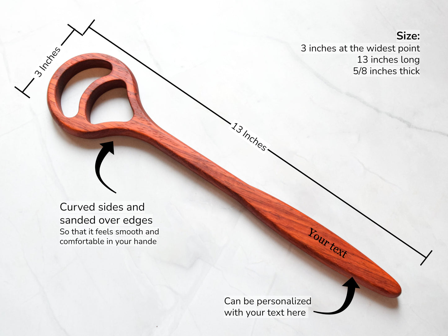 Wooden dough whisk with measurements (13 inches long, 3 inches at the widest point and 5/8 inches thick)