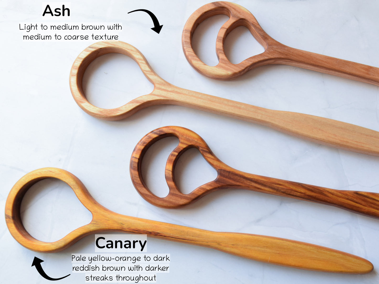 Showing the dough whisks in Ash wood and canary wood
