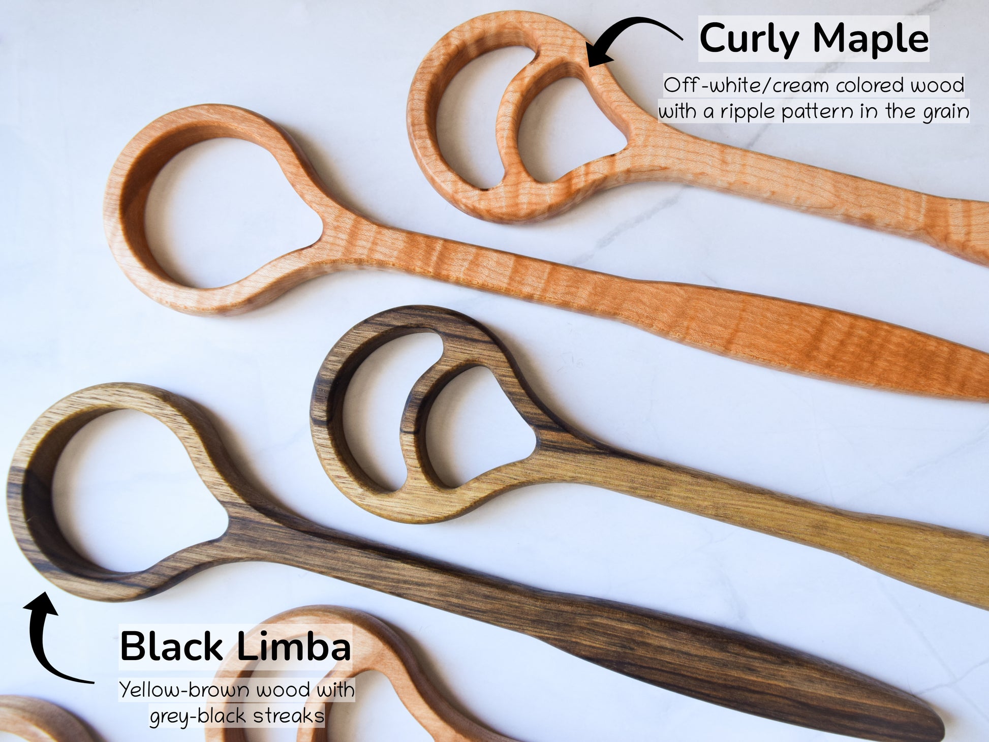 Showing the dough whisks in curly maple wood and black limba wood