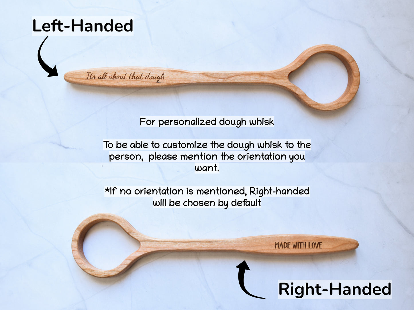 Wooden dough whisk with text indicating left-handed and right-handed options