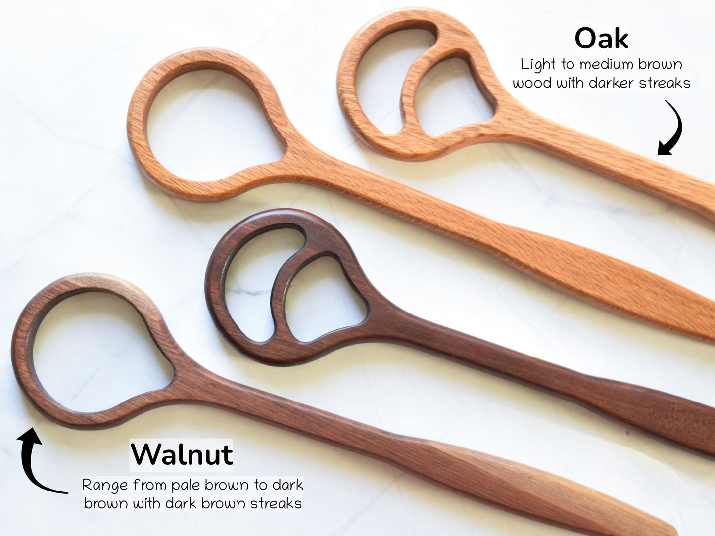 Showing the dough whisks in oak and walnut