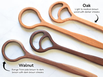 Showing the dough whisks in oak and walnut