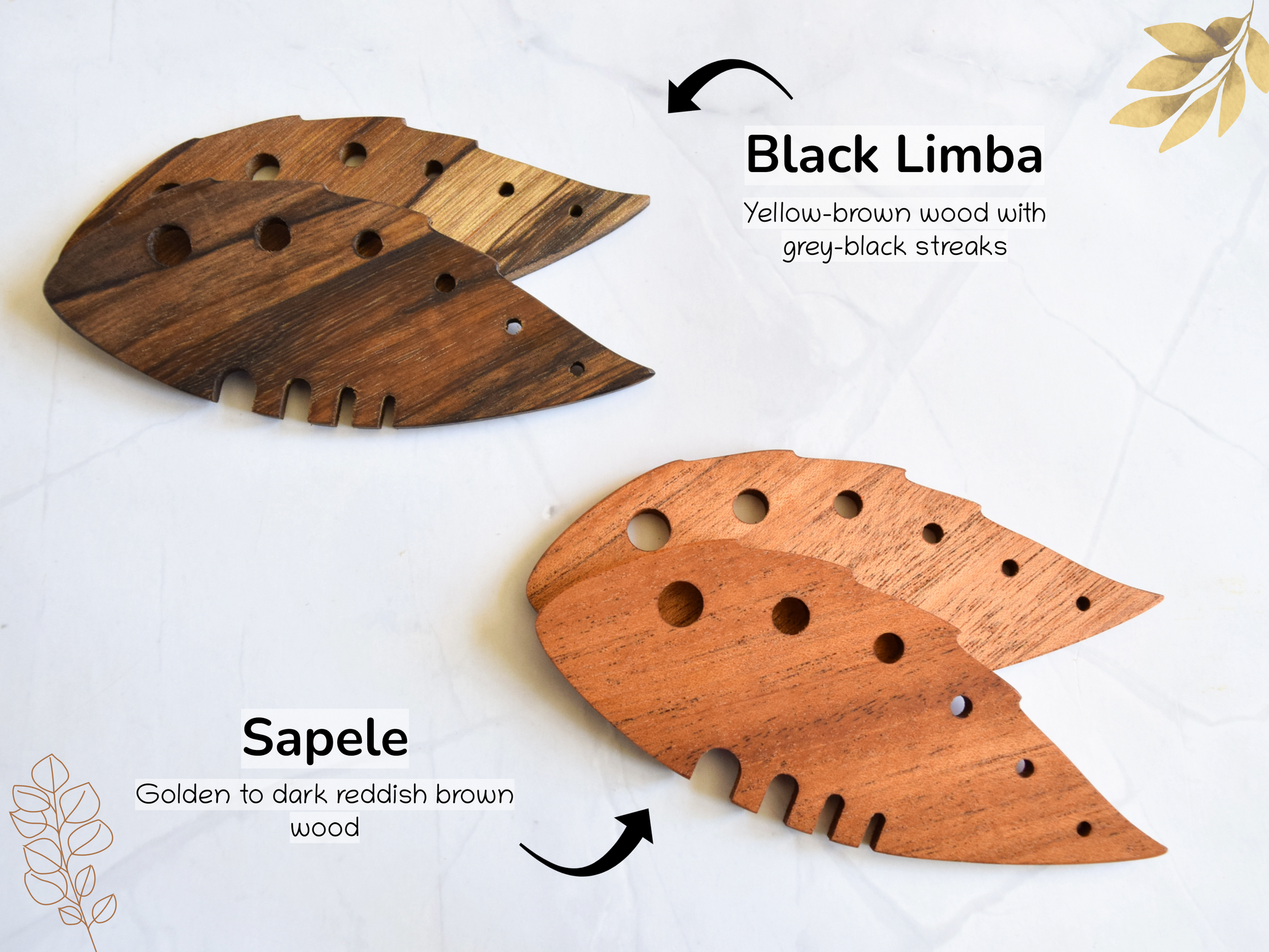 Showing the Black Limba and Sapele wood varieties