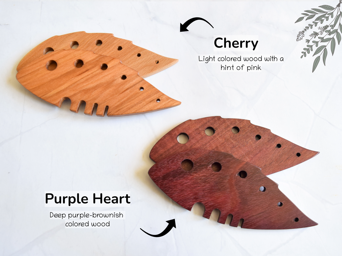 Showing the Cherry and Purple Heart wood varieties
