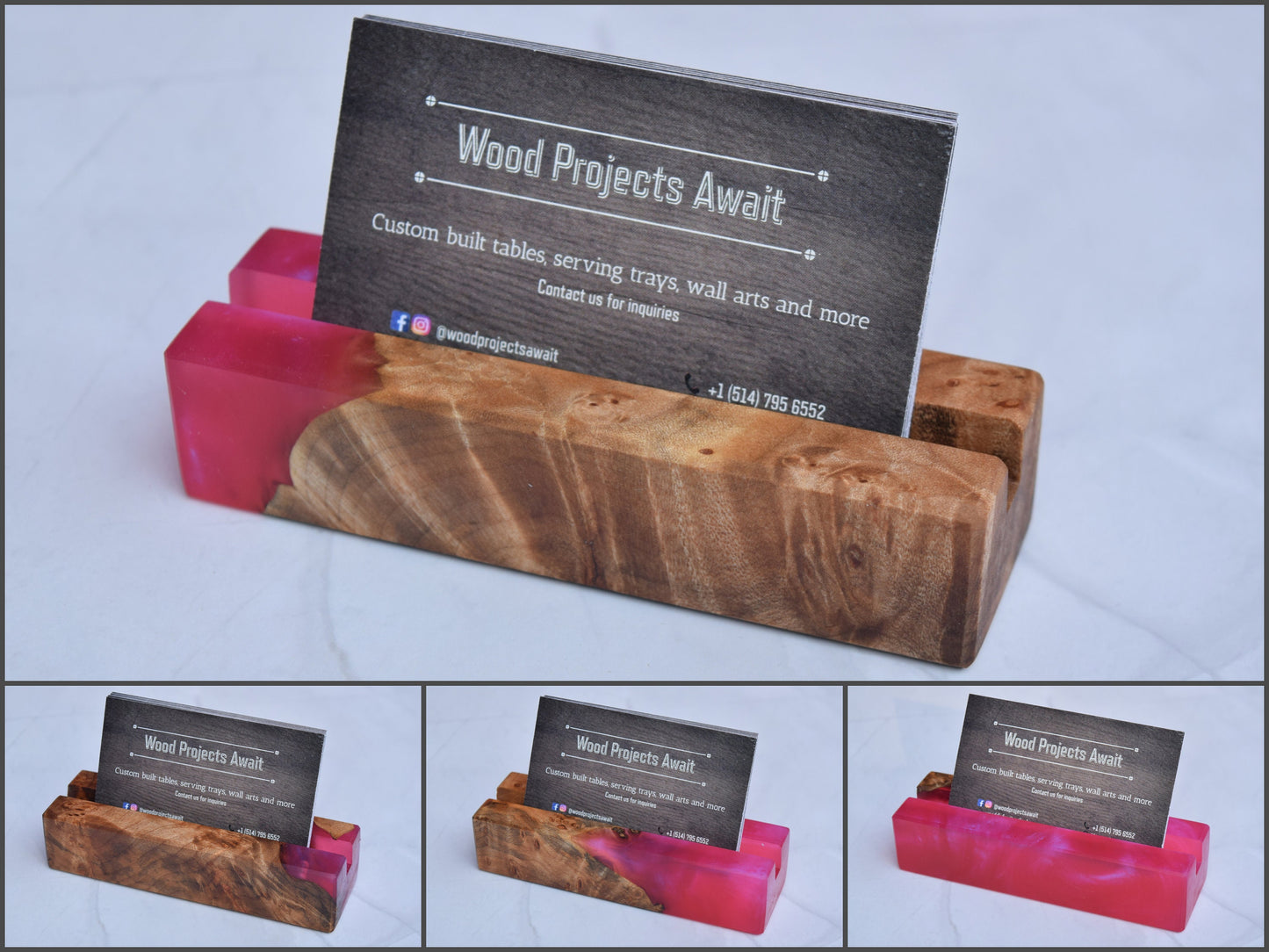 Wooden Epoxy Business Card Holder - Maple Burl - Pink