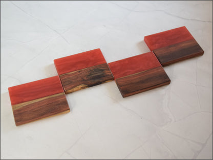 Red Wooden Epoxy Coasters, Sets of 4 (Wood Type - Morado)