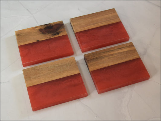 Red Wooden Epoxy Coasters, Sets of 4 (Wood Type - Morado)