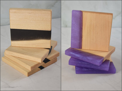 Wooden Epoxy Coasters, Sets of 4 (Wood Type - Maple), Epoxy - ( Black or Purple)
