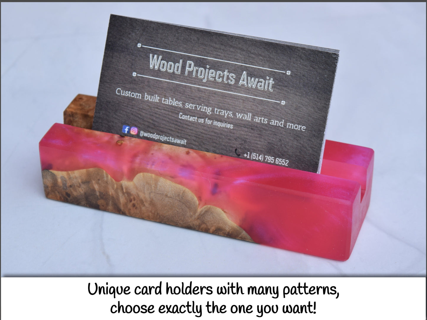 Wooden Epoxy Business Card Holder - Maple Burl - Pink