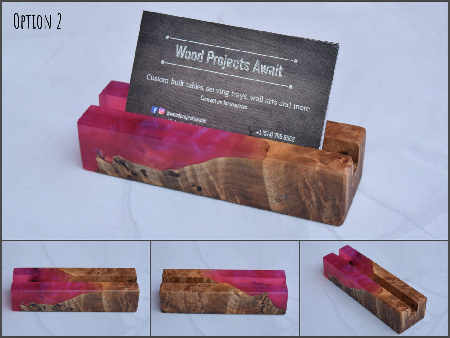 Wooden Epoxy Business Card Holder - Maple Burl - Pink