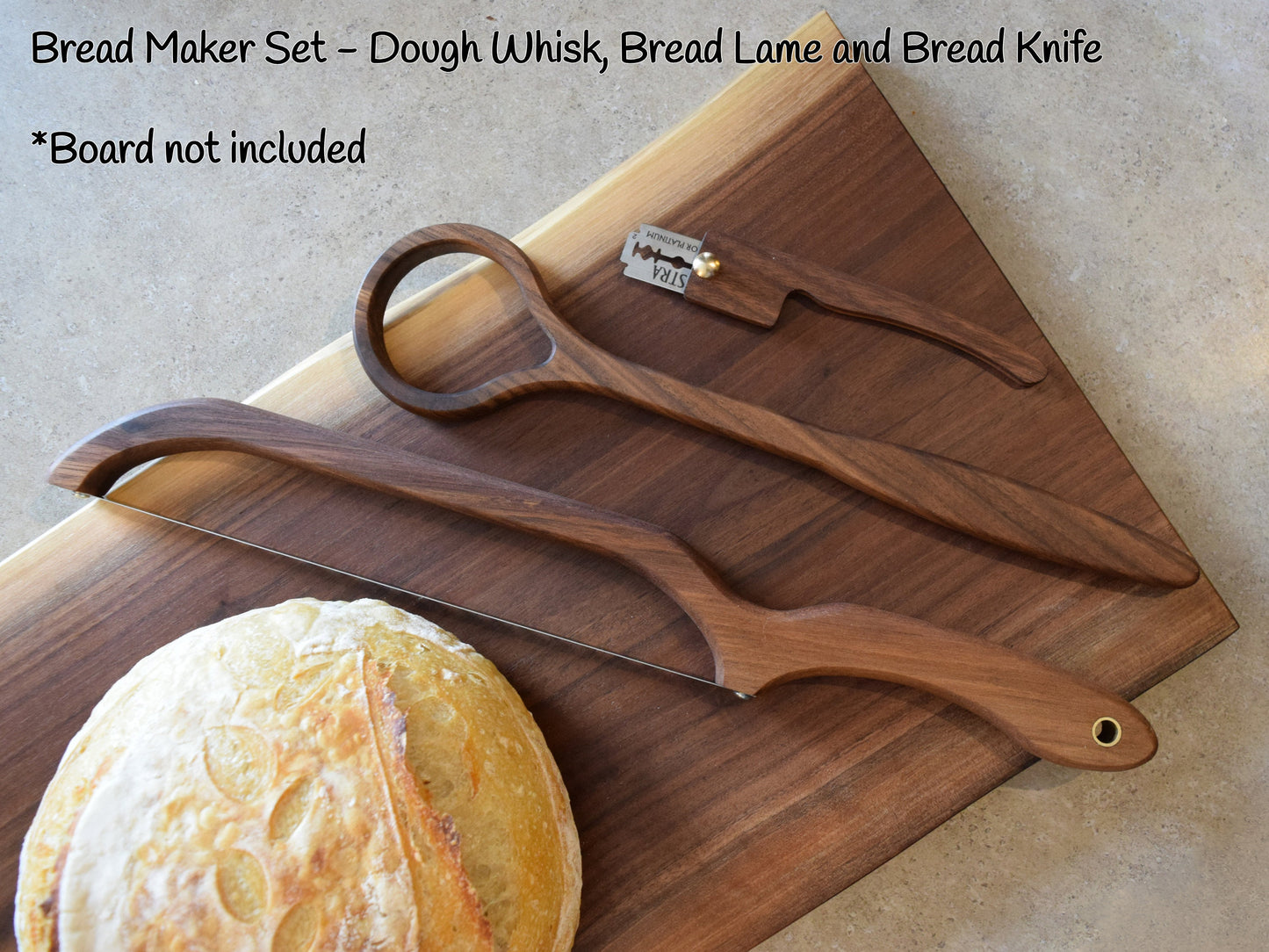 Personalized Walnut Bread Maker Set - Includes dough whisk, bread knife and a bread lame