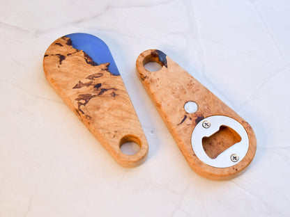 Wooden Bottle Opener - Maple Burl, Blue Epoxy