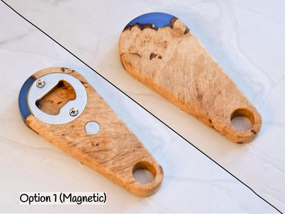 Wooden Bottle Opener - Maple Burl, Blue Epoxy