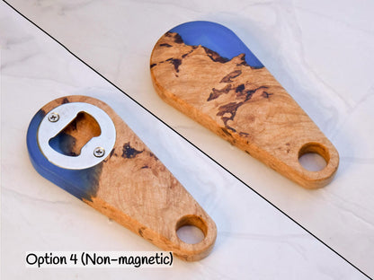 Wooden Bottle Opener - Maple Burl, Blue Epoxy