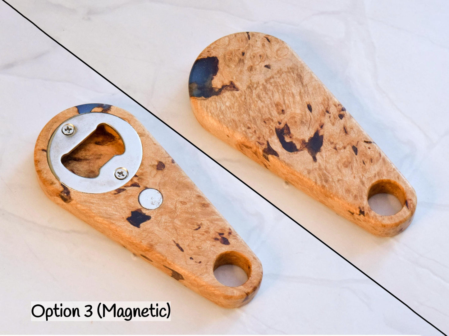 Wooden Bottle Opener - Maple Burl, Blue Epoxy