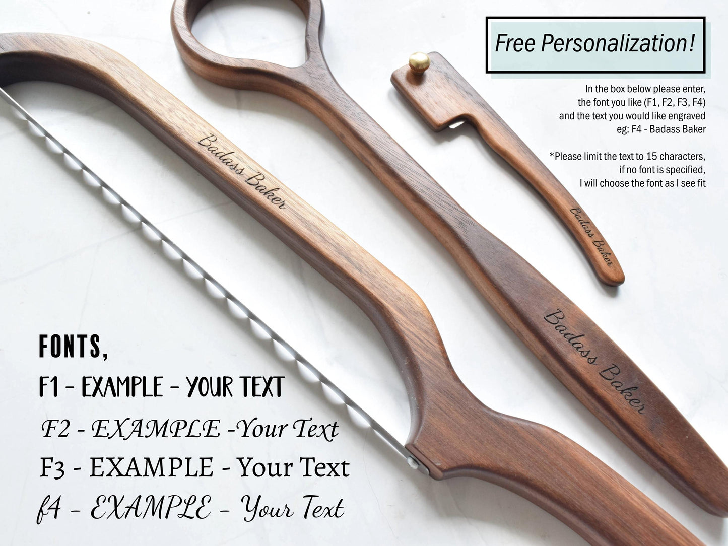 Personalized Walnut Bread Maker Set - Includes dough whisk, bread knife and a bread lame